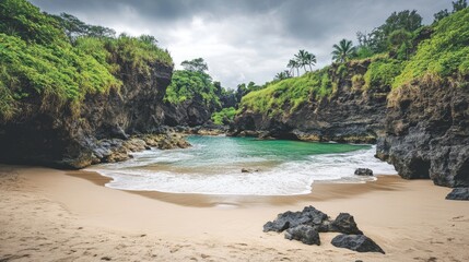 Serene Beach Cove Surrounded by Lush Greenery and Rocky Cliffs