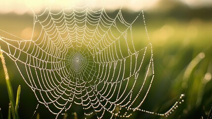 Serene nature idea. Close-up of a spider web glistening with morning dew in a grassy field.