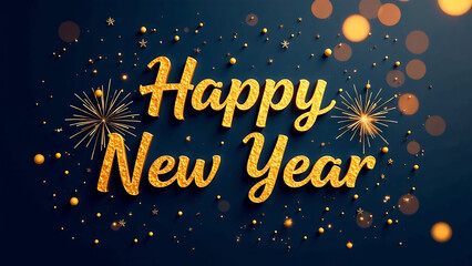 Golden happy new year message is written on a dark blue background with exploding golden fireworks, creating a festive and elegant new year's. NEW IMAGE 