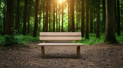 Serene nature concept. A tranquil wooden bench in a serene forest surrounded by lush green trees.