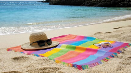 Colorful Beach Towel and Sunglasses on Sandy Shoreline with Waves