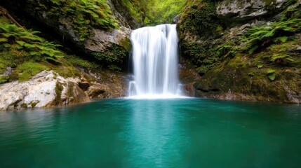 Obraz premium Serene nature idea. A serene waterfall cascading into a crystal-clear pool surrounded by lush greenery.