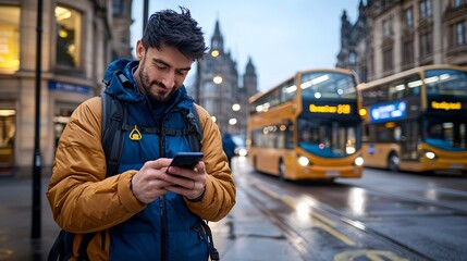 Public transport station route concept. A man in a yellow jacket checks his phone on a city street with buses in the background during a cloudy day.