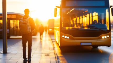 Public transport station route concept. A person waits at a bus stop during sunset, with a bus approaching in a warm, golden light.