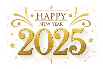 happy new year 2025, gold color effect text on white background. happy new year celebrate