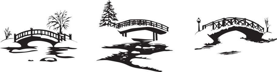 Silhouette of a snow-covered bridge over a frozen river vector silhouette