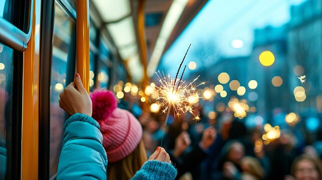 Public transport station route concept. A festive scene inside a tram, with a person holding a sparkler amidst a crowd, creating a warm, celebratory atmosphere.