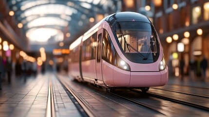 Fototapeta premium Public transport station route concept. Modern pink tram in a stylish urban train station, highlighting design and technology in public transportation.