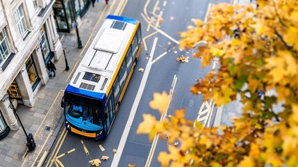 Fototapeta premium Public transport station route concept. A bus travels down a city street surrounded by autumn leaves, showcasing a vibrant urban scene.
