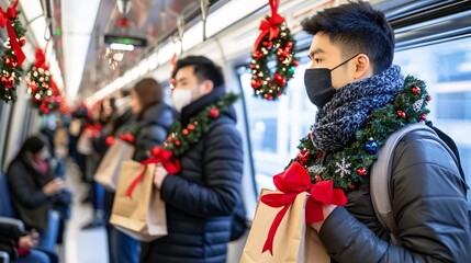 Fototapeta premium Public transport station route concept. Holiday commuters on a decorated subway train, wearing masks and festive accessories, carrying gift bags during the festive season.