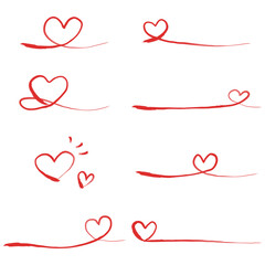 手書きのハート素材のセット、ハートの線、装飾ライン