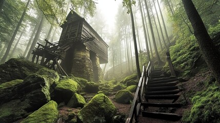Ancient Wooden Structure In A Misty Forest