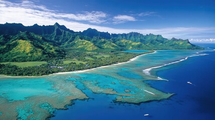 Fototapeta premium Breathtaking Aerial View of Turquoise Waters and Lush Green Mountains