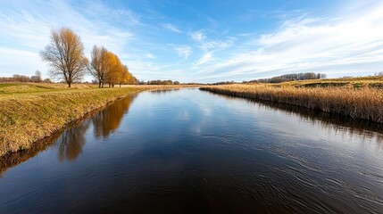 Fototapeta premium Serene nature concept. Serene river landscape with clear water and autumn trees under a bright blue sky.