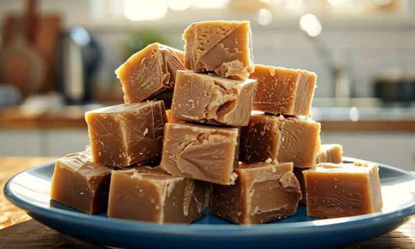 Stack of crumbly, light brown fudge squares on plate in cozy kitchen