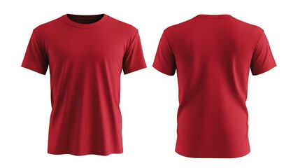 High-quality 3D mockup of a blank red T-shirt for men. Front and back views on a white background, no labels, ideal for design presentations.