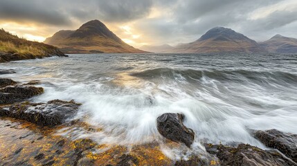 Fototapeta premium Serene Landscape with Rocky Shoreline and Majestic Mountains