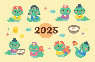 Snake characters symbolizing the year 2025. They are wearing traditional Korean clothing, hanbok.