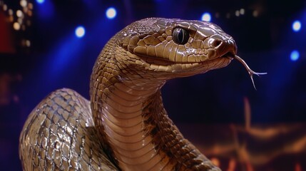 Fototapeta premium Two massive real cobras on the stage in a dramatic and thrilling live performance. Exotic and captivating snakes showcasing danger, excitement, and artistry under the spotlight in