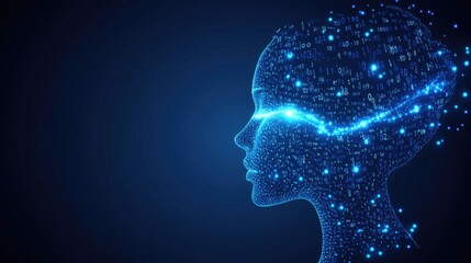 Obraz premium Digital Human Profile With Data Stream And Binary Code Elements