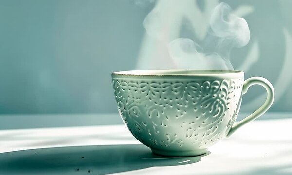 Elegant white ceramic teacup with intricate patterns casting shadow