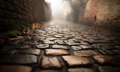 Foggy cobblestone street between old walls.