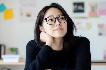 Thoughtful Young Woman in Glasses Sitting at Desk