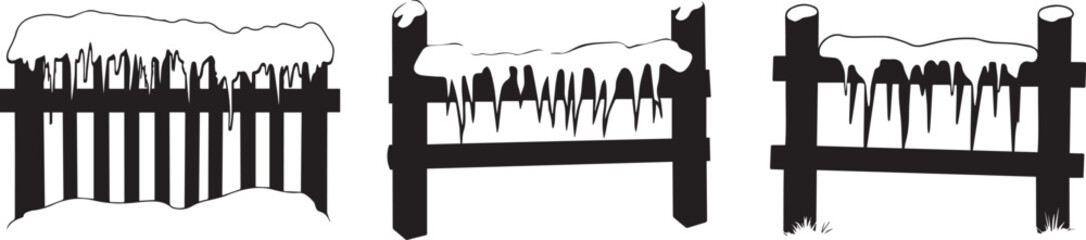Silhouette of a snow-covered fence line with icicles hanging vector silhouette