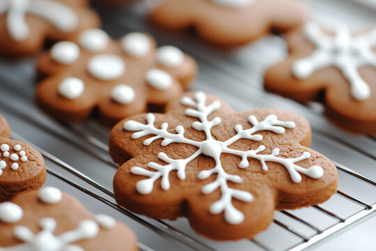 Close-Up of Festive Gingerbread Cookies with Snowflake Design