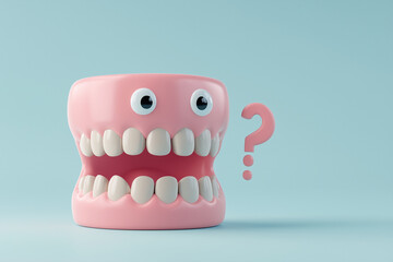 3D Cartoon Dentures with Question Mark Symbolizing Dental Care