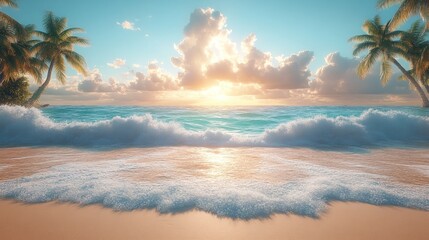 Obraz premium Sunset beach scene; palm trees, ocean waves.