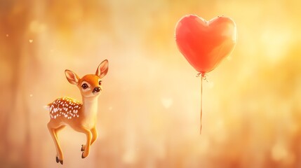 Adorable floating deer holding a heart-shaped balloon in a whimsical woodland setting. Valentine's Day concept with a cute forest animal, romantic and heartwarming. Dreamlike atmosphere with soft colo