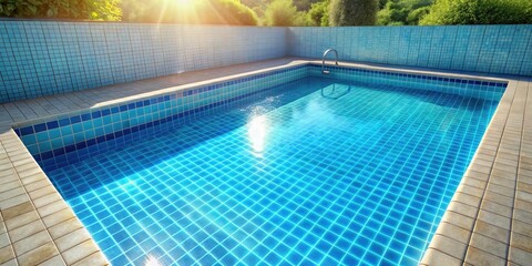 Sun-drenched blue ceramic pool, empty yet promising summer fun for kids.