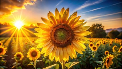 Obraz premium Sun-Kissed Sunflower: Double Exposure Close-Up Photography, Bright Yellow Petals, Summer Bloom, Field of Sunflowers