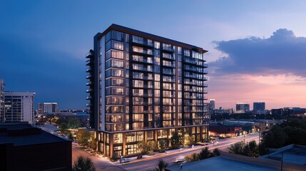 Modern high-rise apartment building at dusk, city skyline in background. (1)