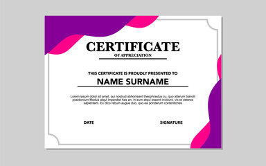 certificate template for appreciation with purple and pink colors.