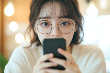 Young Woman with Glasses Focused on Smartphone