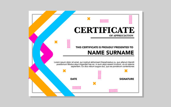 certificate template for appreciation with orange, pink and blue colors.