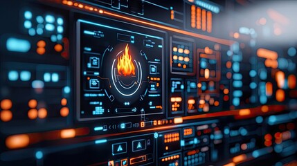 Naklejka premium Fire alarm idea. Futuristic interface displaying fire detection and control system in a cybernetic design.