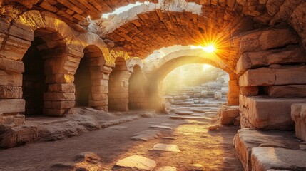 Ancient Ruins with Sunlight Through Arches at Dusk in Historic Site