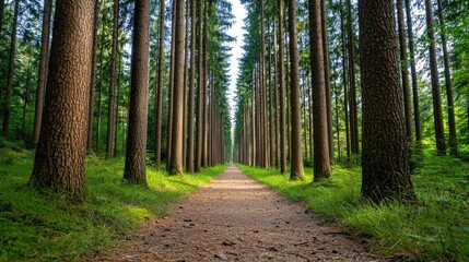 Naklejka premium Serene nature concept. A serene forest path lined with tall trees, inviting exploration and tranquility in nature.