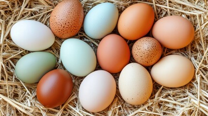 Variety of Colorful Eggs Arranged on Natural Straw Bedding