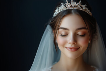 Beautiful Bride with Tiara and Closed Eyes on Wedding Day