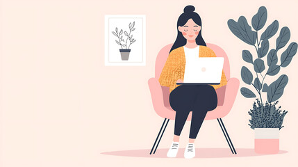 Fototapeta premium A woman is sitting in a chair with a laptop on her lap