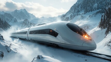 Obraz premium High-speed train traversing snowy mountain landscape.