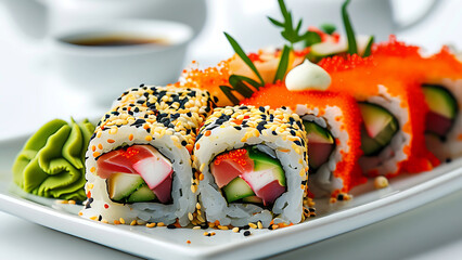 Close up of assorted sushi rolls with various toppings, including sesame seeds, tobiko, and mayonnaise.  A culinary delight showcasing Japanese cuisine.