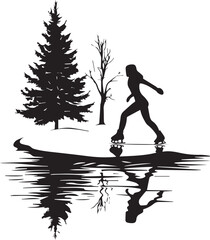 Silhouette of a frozen lake with a person ice skating vector silhouette