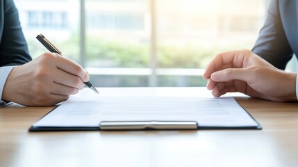 Business People Engaging in Professional Meeting with Document Signing in Modern Office Setting Overlooking Greenery Through Large Windows