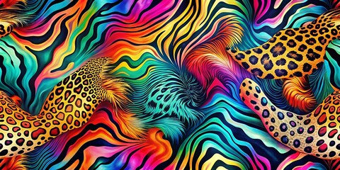Vibrant Psychedelic Animal Print Textile Design with Swirling Rainbow Hues