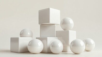 White cubes and spheres composition on white background.